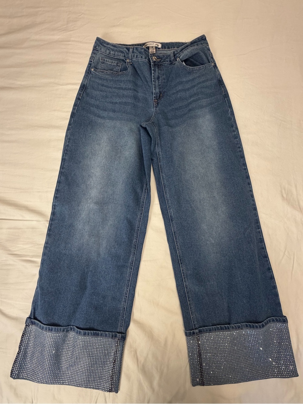 Madden Girl Embellished Cuff Wide-Leg Jeans - Blue 9